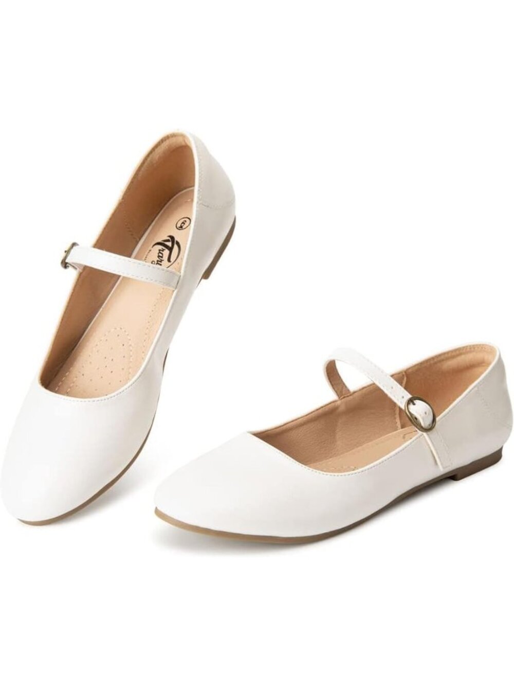 Women's White Ballet Flats Round Toe Comfort Straps Memory Foam Dressy Shoes